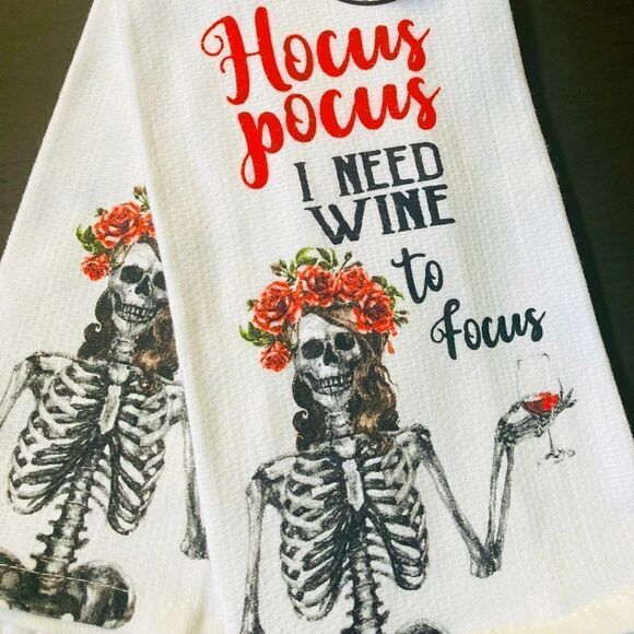 Halloween Skeleton Hocus Pocus Wine to Focus Kitchen Dish Towels - Picture 1 of 2